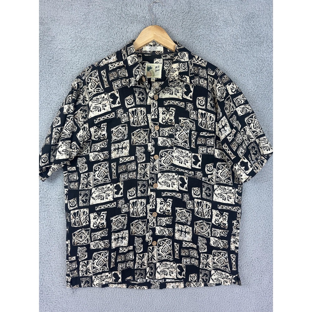 Vintage M.E. Sport Shirt Mens Medium Black Beige Rayon Hawaiian Tiki Camp Block - Picture 1 of 7